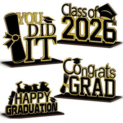 2026 Graduation Desktop Decor: Set of 4 Wooden Ornaments for Party Scenes