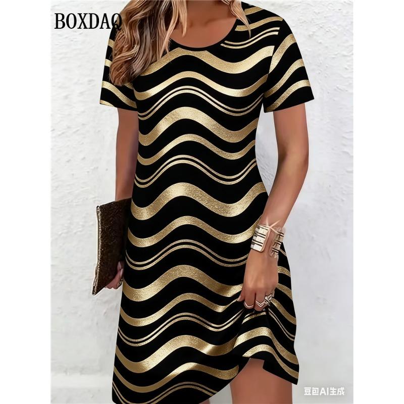 Summer Dresses Women Fashion Striped 3D Print Short Sleeve Dress Casual Elegant Women's Loose Pullover A-Line Dress Vestido