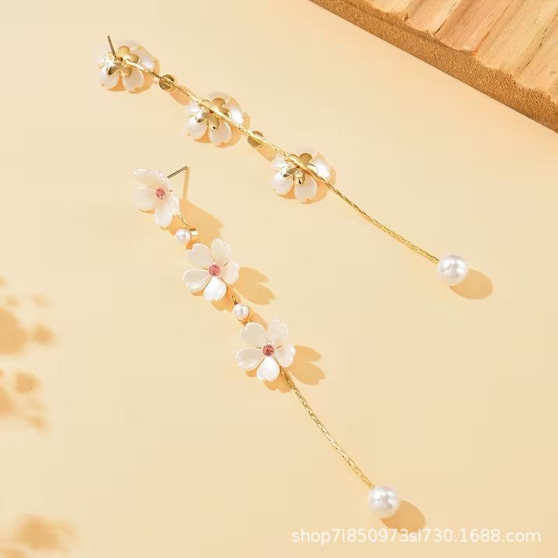 Fresh Sweet and Versatile ABS Imitation Pearl Floral Fringe Long Earrings for Women