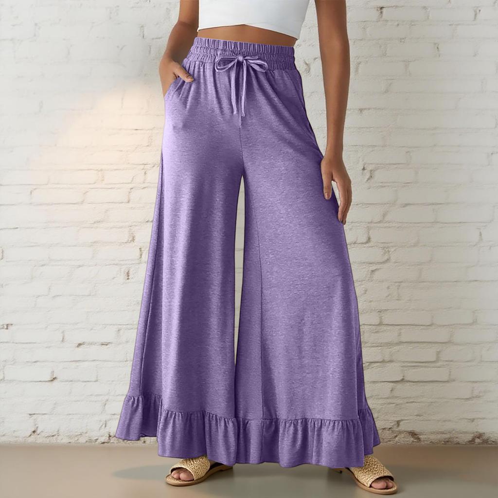 Women’s Casual Loose Fit Drawstring Elastic Waist Wide Leg Pants with Ruffle Hem and Relaxed Flowy Silhouette for Everyday Wear