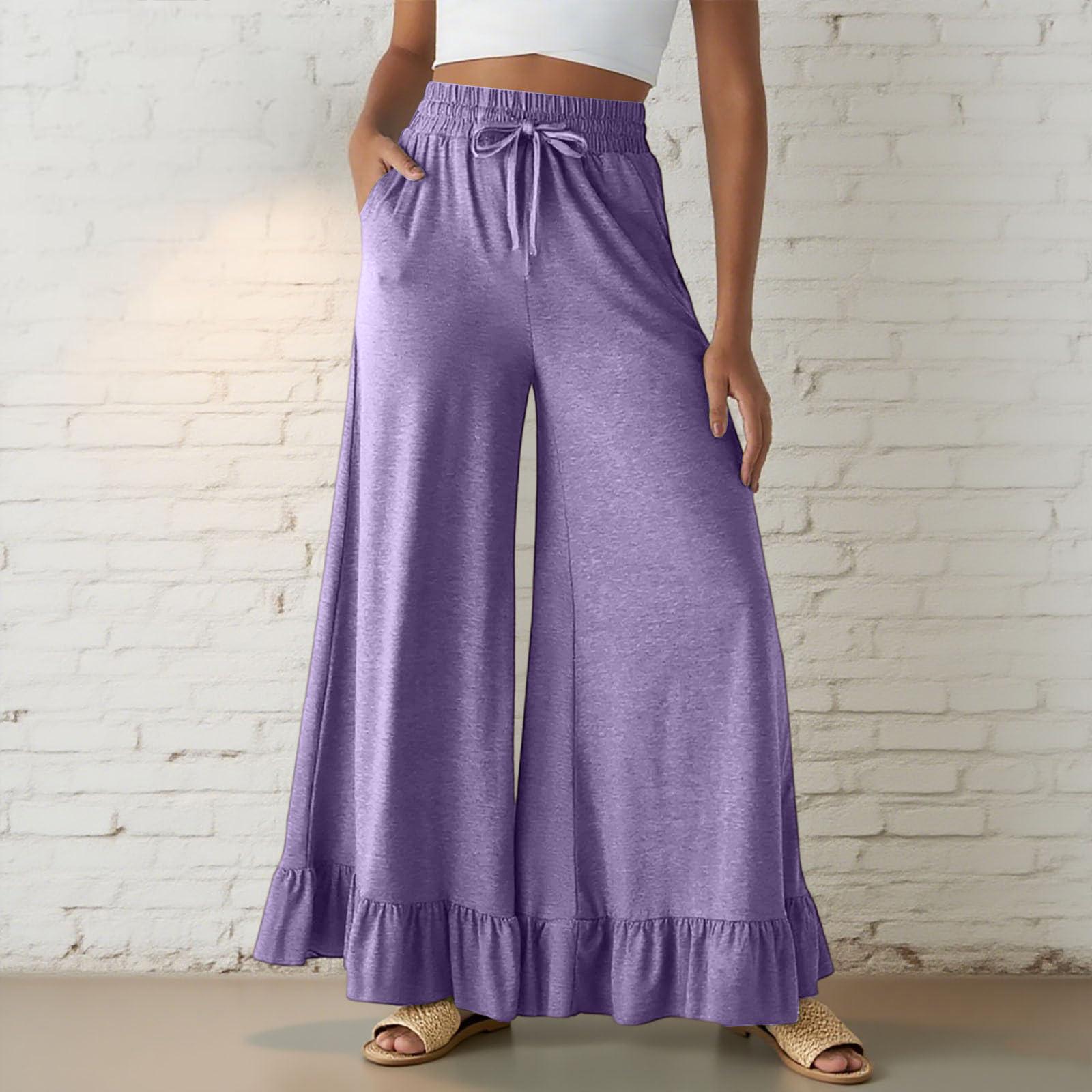 

Women’s Casual Loose Fit Drawstring Elastic Waist Wide Leg Pants with Ruffle Hem and Relaxed Flowy Silhouette for Everyday Wear M фиолетовый