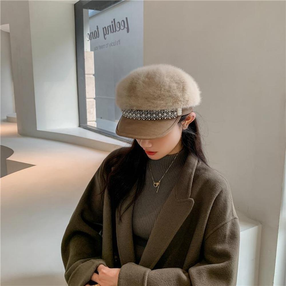 Women's Hats Fall and Winter Plush Flat Top Navy Hat Fashion Versatile Pearl Cap Lace Winter Star Anise Beret