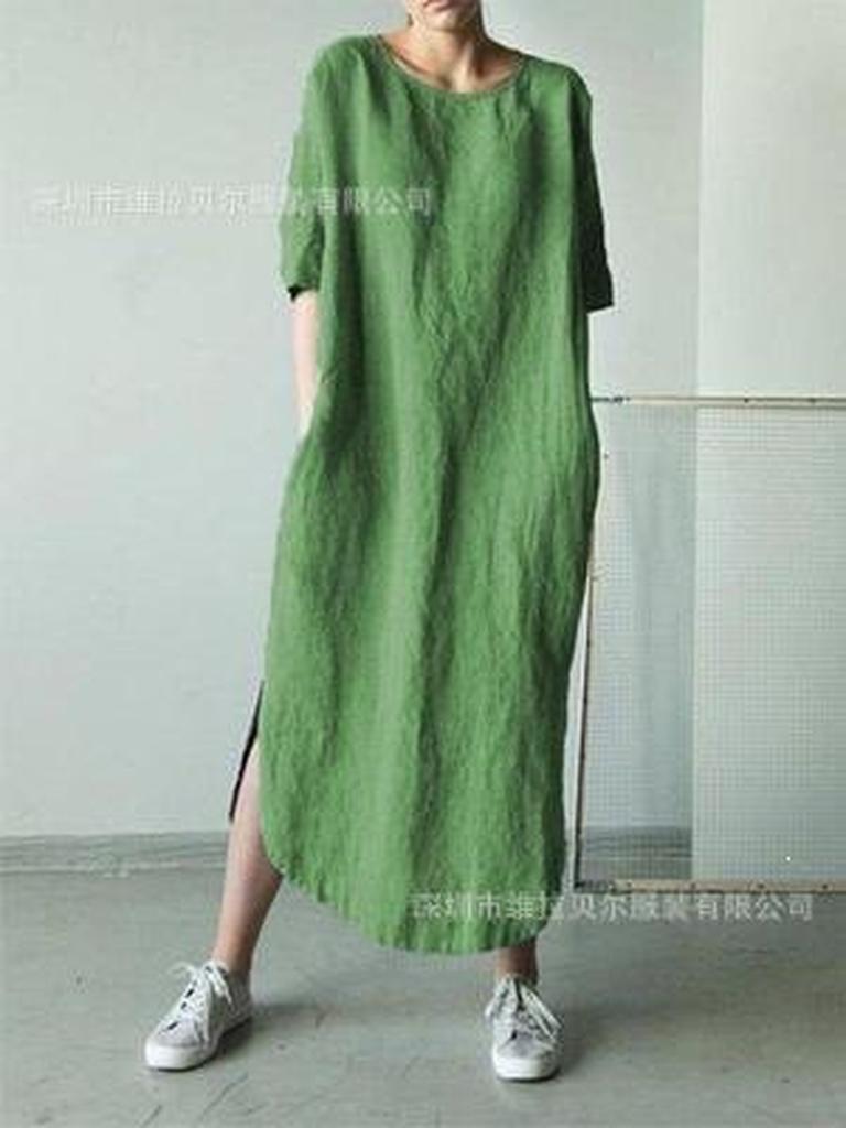 Large Quantity Crew Neck Short Sleeve Solid Side-Split Hem Knee-Length Cotton Linen Dress for Girls