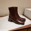 South Korea Dongdaemun thick heel square head short boots women's zipper leather Internet celebrity boots versatile Korean women's leather boots