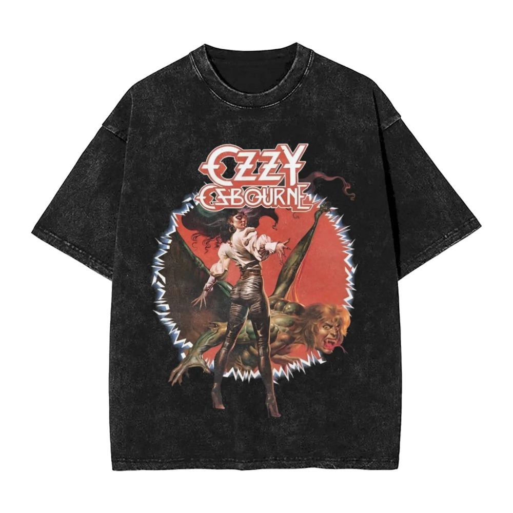 Übergroßes Vintage-Kurzarm-T-Shirt im Acid-Wash-Look mit Ozzy Osbourne Live-Bühnen-Metallhand-Grafikdruck