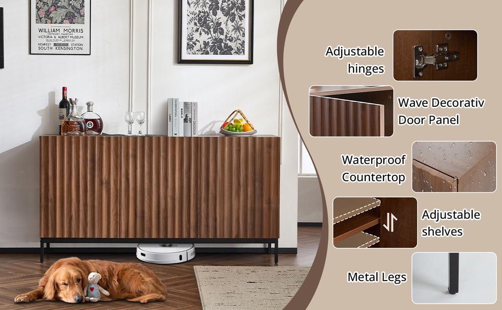 150x40x80cm Oak Dark Grain, Sideboard, Mid-century Modern, 3 Doors, Wavy 3D Design, Adjustable Shelves, Anti-tip, for Living Room, Dining Room, Office