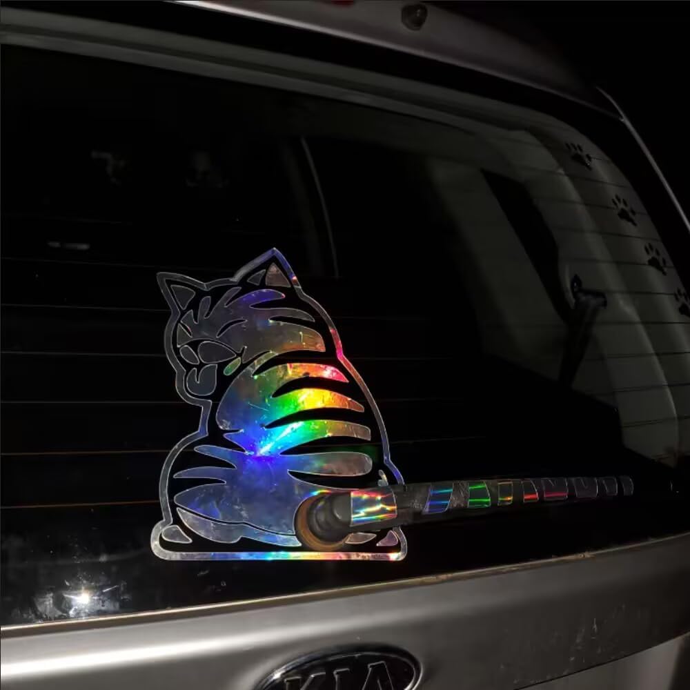 Funny Cat Rear Window Wiper Decal Waving Tail Stickers Cute Animal Moving Tail Rear Window Sticker Windshield Wiper Decal, Holographic Laser Cat