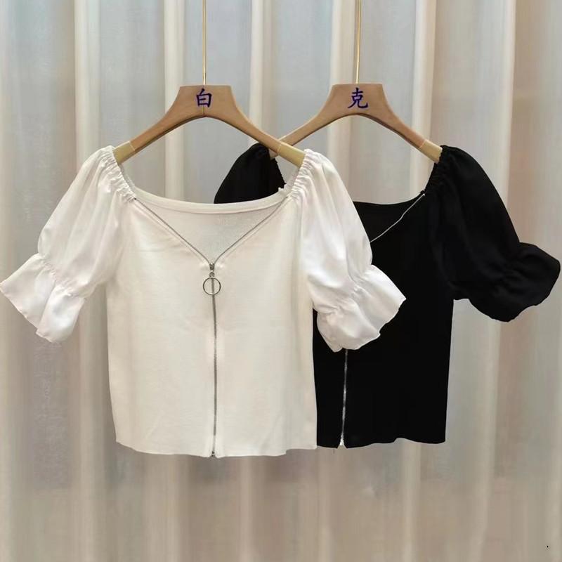 High-waisted Short Navel V-neck Bubble Sleeve Zipper Versatile Tops Design Sense Niche Tight Sexy Short-sleeved Summer Casual Slim Fit Pullovers Tees