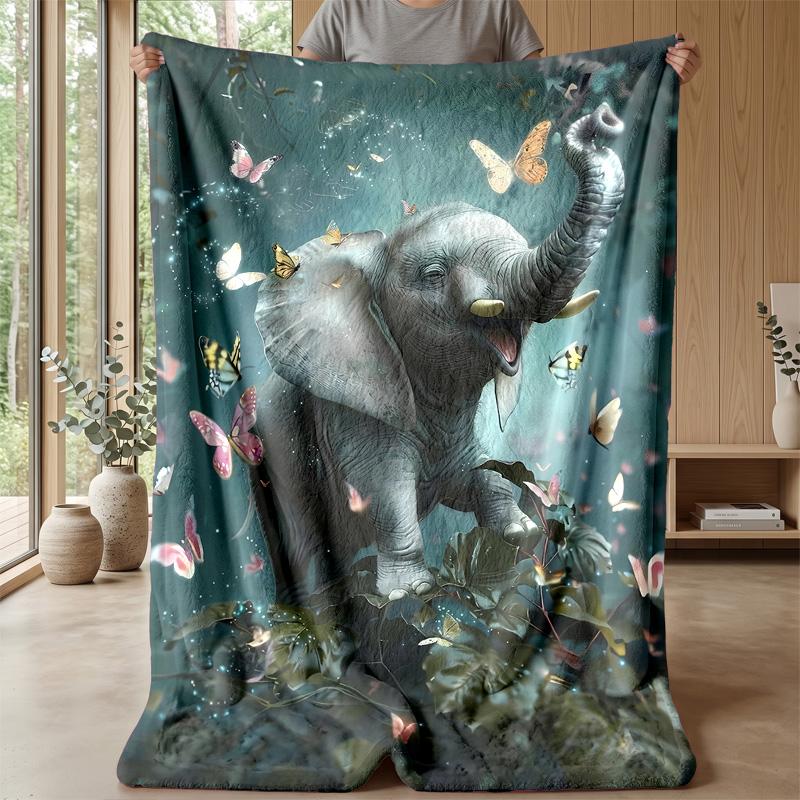 Elephant with Butterflies In Jungle Theme Blanket Lightweight Warm Flannel Blanket Decorative Throw Blanket for Home Decoration