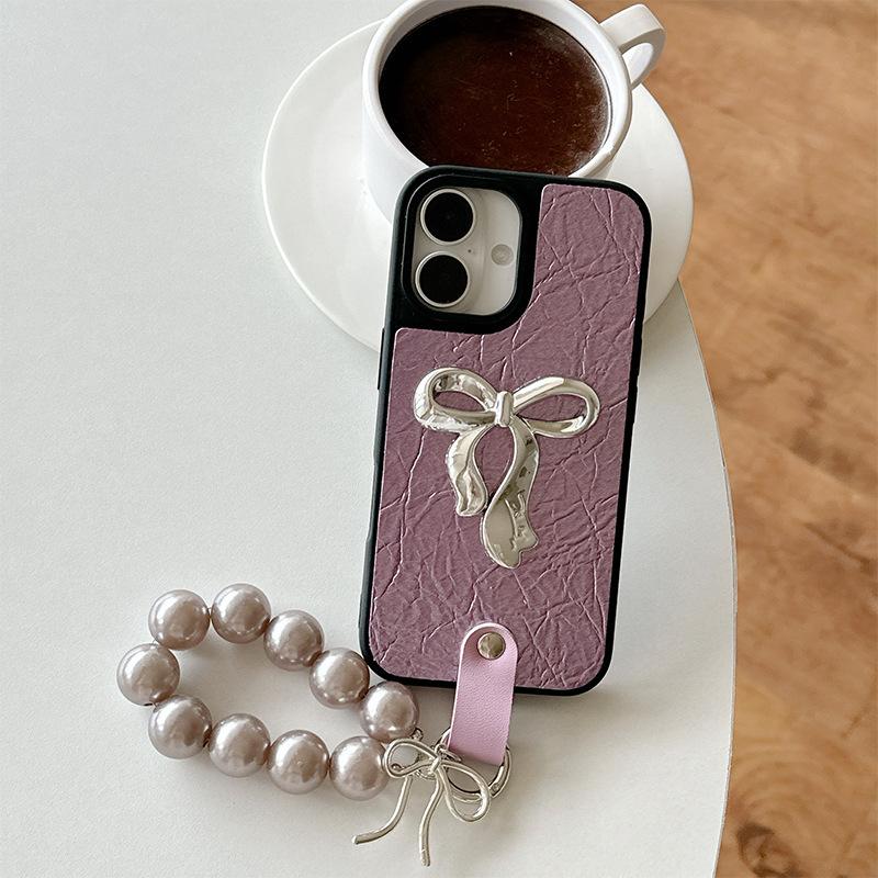 

Кожаный чехол для телефона с жемчужной цепочкой и бантом для Apple 17 Однотонный для IPhone15pro Женский 14 For iPhone 16E