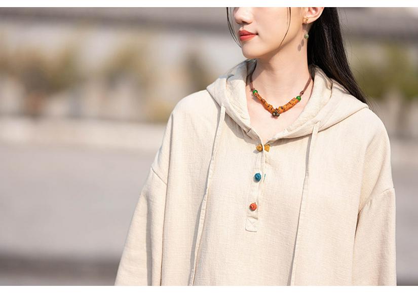 Women's Winter Heavy Industry Insulated Plus Velvet Hooded Button-Up Cotton Linen Pullover