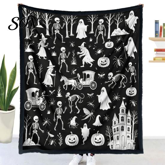Interactive Coloring Gift for Women Halloween DIY Blanket, Throw Blanket with Ghost Patterns, Color Your Soft Decorative Sofa Own Washable Cozy Adults