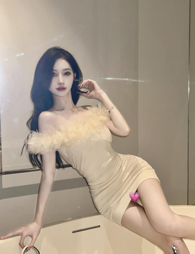 Flower one-word shoulder sexy off-the-shoulder slim-fit hip-wrapped threaded knitted dress pleated primer skirt women's autumn and winter design