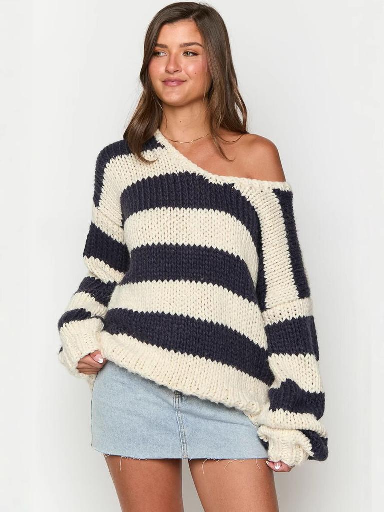 Herbst Winter Mode Lässiger Lockerer Strickpullover Schultergurt Cord Streifen Süßes Oberteil