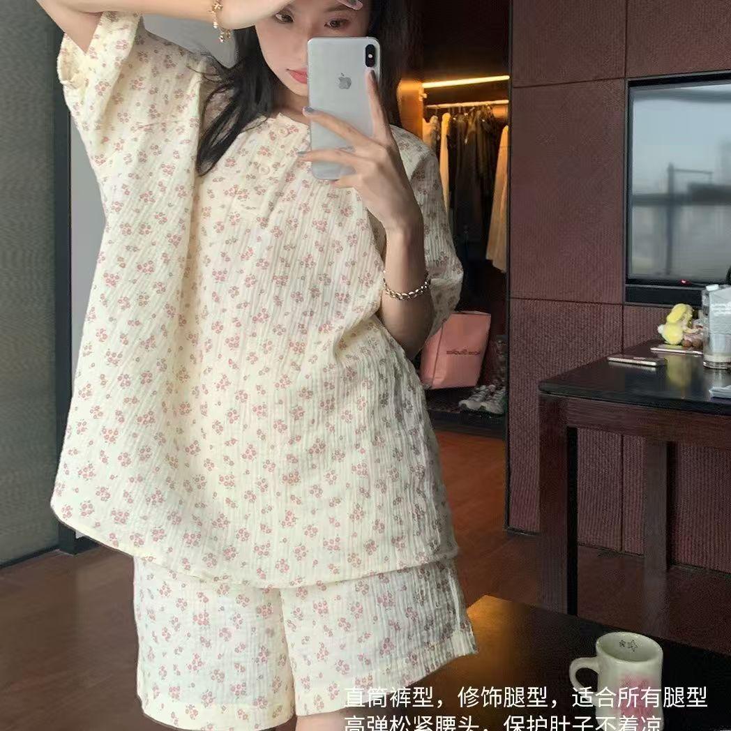 

Japanese full print floral small fragrant pajamas women s summer round neck short-sleeved shorts two-piece set soft cute casual loungewear S