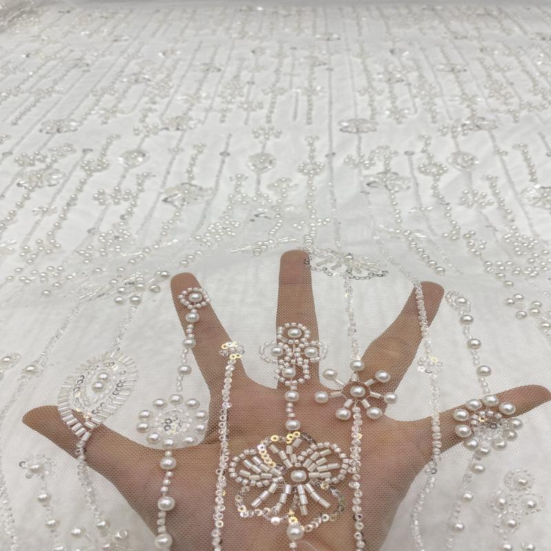 1 Yards White French Tulle Lace Fabric Stripe Floral design High Quality Nigerian Beaded Embroidered Lace Sequin For Party Dress