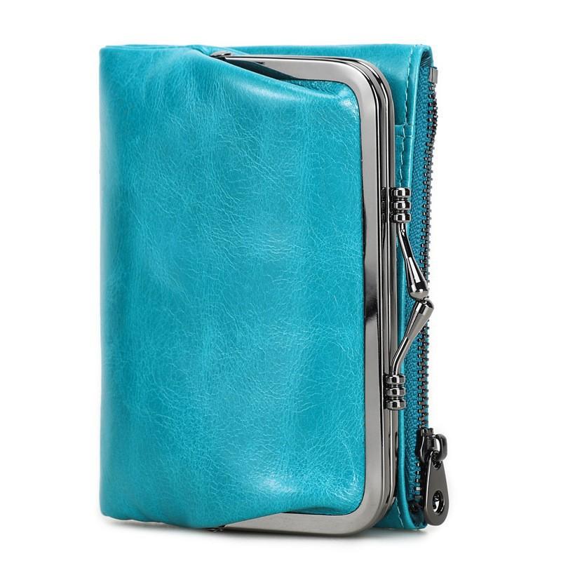 Head Layer Cowhide RFID Anti Magnetic Women's Wallet Casual Iron Hinge Multifunctional Short Leather