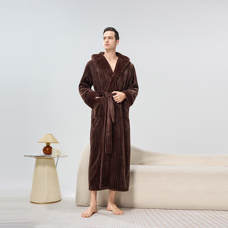 Cozy Couple Jacquard Fleece Long Robe - Hooded Autumn/Winter Bathrobe for Men & Women