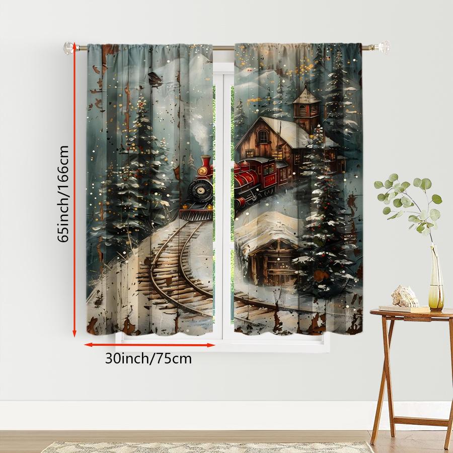 2PCS Christmas Train Curtains, Vintage Wooden Board Snowy Village Scene, Retro Holiday Locomotive Window Drapes for Bedroom