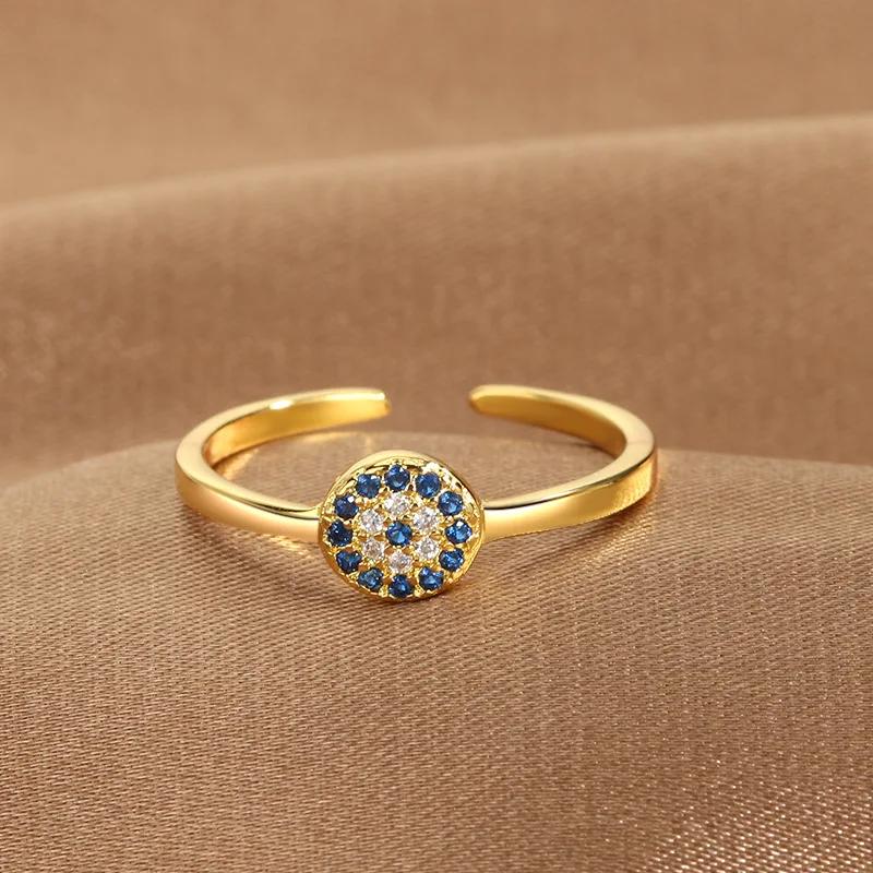 YILUOCD Blue Cubic Zirconia Evil Eye Open Ring for Women Turkish Devil Eyes Stackable Adjustable Rings Jewelry for Protection