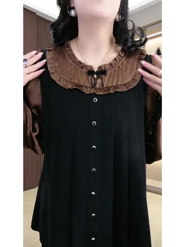 Spring Luxury Silk-Blend Frog Button Long Sleeve Plus Size Blouse for Mid-Aged Women