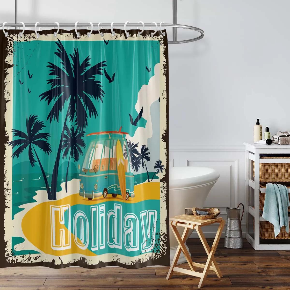 Waterproof Tropical Paradise Shower Curtain With Palm Trees And Beach Vibes For A Summer Bathroom Decor W60H190(CM)-1 Pcs