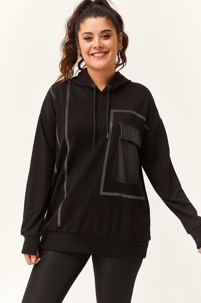 Stil Femei Hanorac Mărime Mare Hanorac Mărime Mare cu Buzunar din Piele Detaliat cu Pietre Brodate Negru