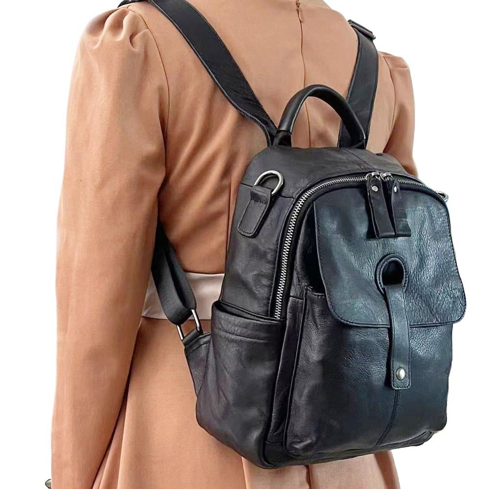Leather Backpack Ladies Black First Layer Cowhide Ladies Backpack Trendy Fashion Versatile Soft Leather Women'S Bag