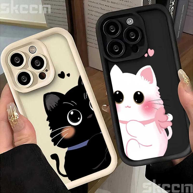 Cute Cartoon Black White Cat Phone Case For iPhone 16 Pro Max 15 14 13 12 11 XS XR X 8 7 15 Plus Shockproof Soft Silicone Cover