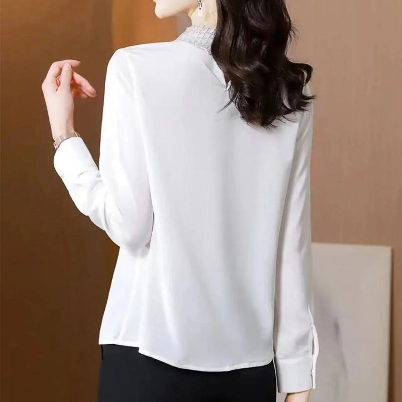 Women's White Lace Collar Long Sleeve Blouse Bow Tie Neck Elegant Chiffon CasualOffice Work Wear Shirt