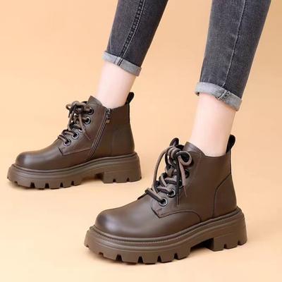 Bottes courtes en cuir pour femmes à semelles épaisses antidérapantes