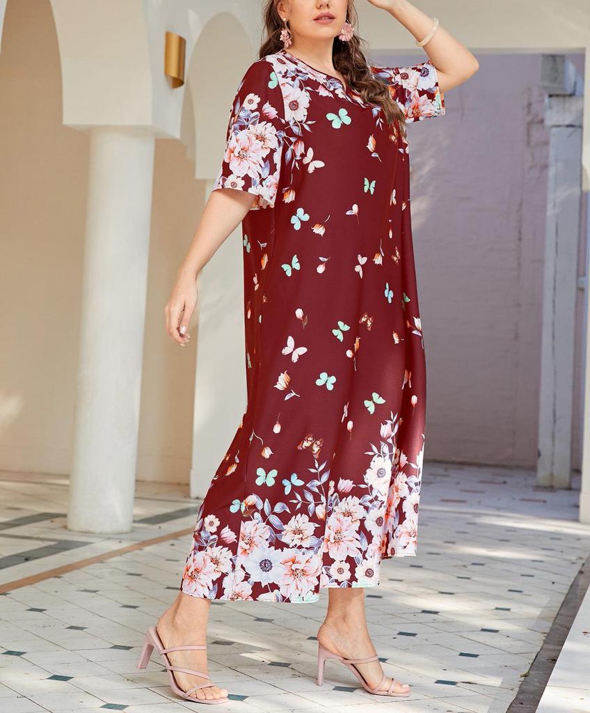 Plus Size V-Neck Short Sleeve Printed Pullover Dress - Spring/Summer Style