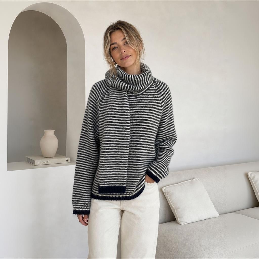 Women's Striped Knit Scarf Pullover Sweater, Color Block Casual Top for Fall and Winter
