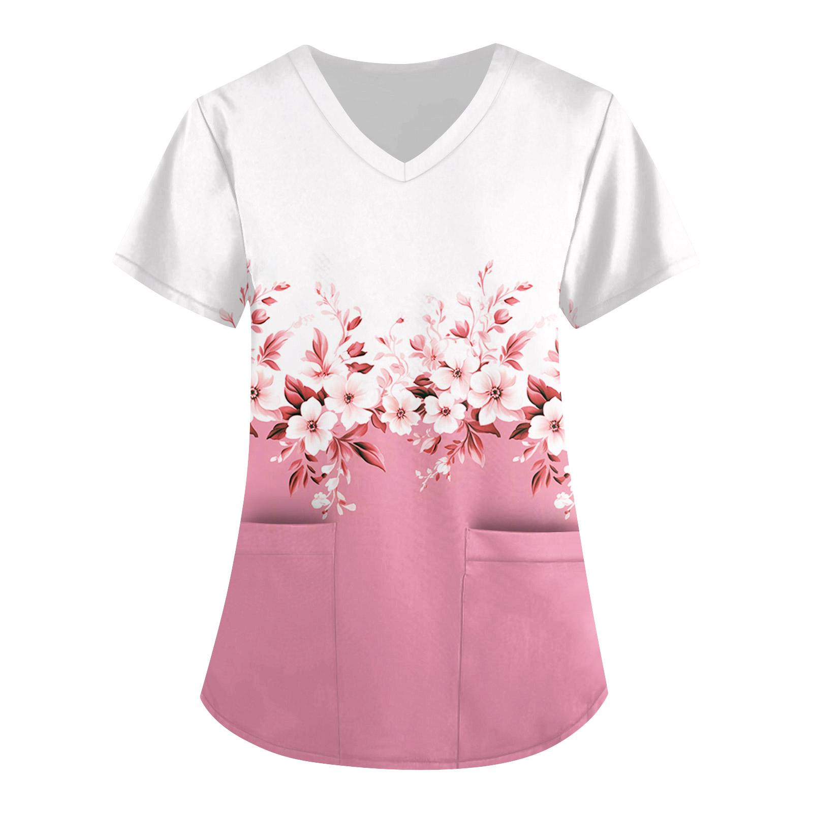 

Жіночий милий принтований робочий одяг, V-подібний виріз, двошарові кишені, базовий пуловер з короткими рукавами, Валентина XXXXL рожевий