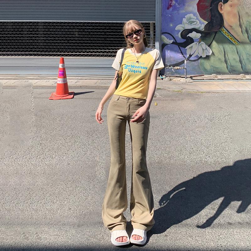 Khaki Spice Girls micro-pull jeans women's spring and autumn new low-rise elastic slim-fitting slim horseshoe flared pants