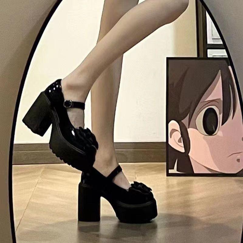 Fashion Bow High Heels Small Leather Shoes Women's Spring and Summer New Thick Heel with Skirt Mary Jane Single Shoes