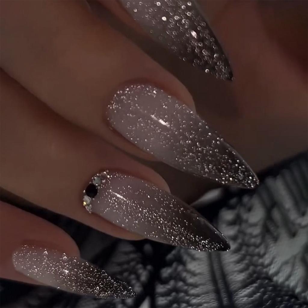 24Pcs Metallic Cat Eye French Sheer 3D Textured Almond Medium Nude Pink Press On Fake Nails