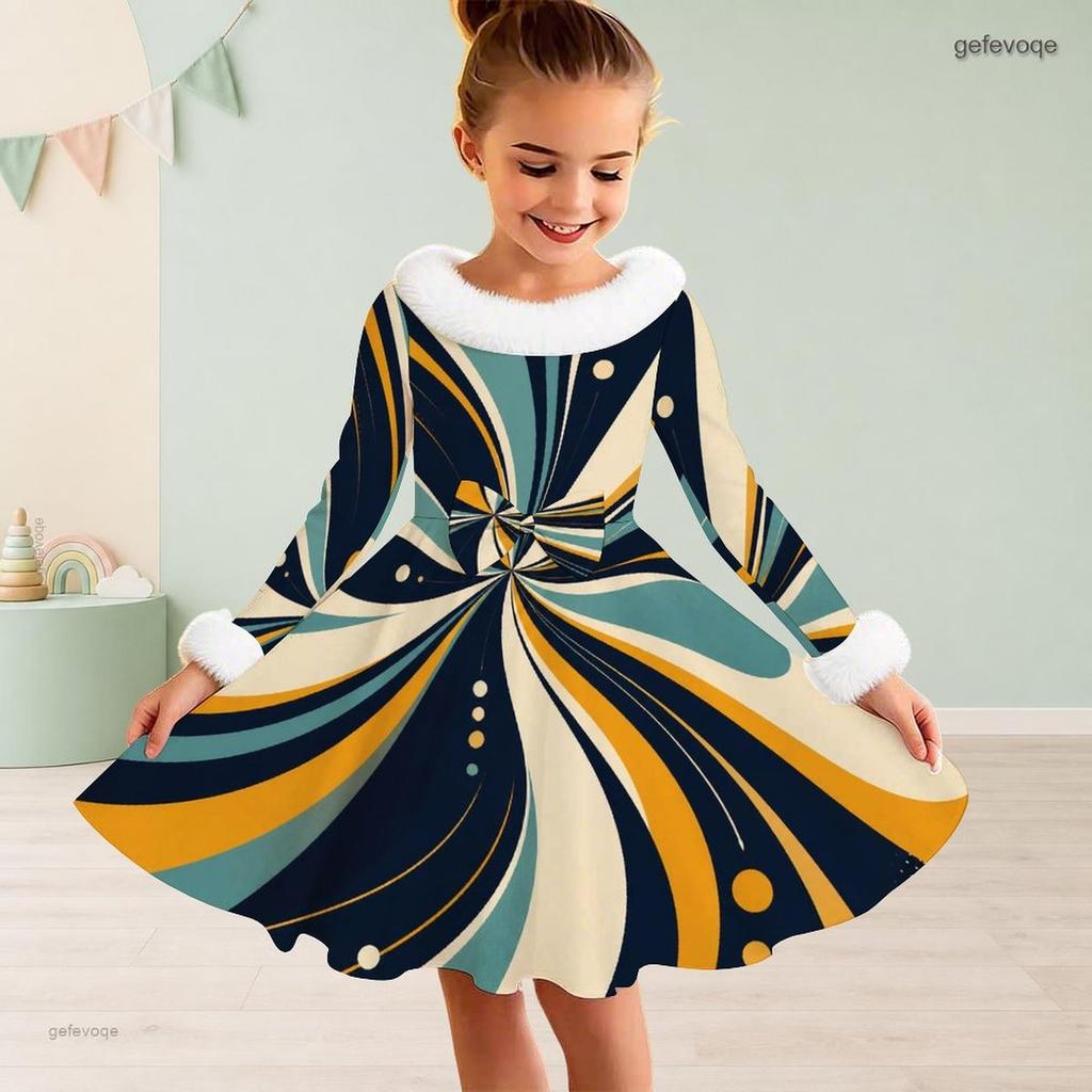 Meisjes Jurk met Hoge Hals, Lange Mouwen, Geprint Patchwork, A-lijn, Uitlopend, met Bontrand