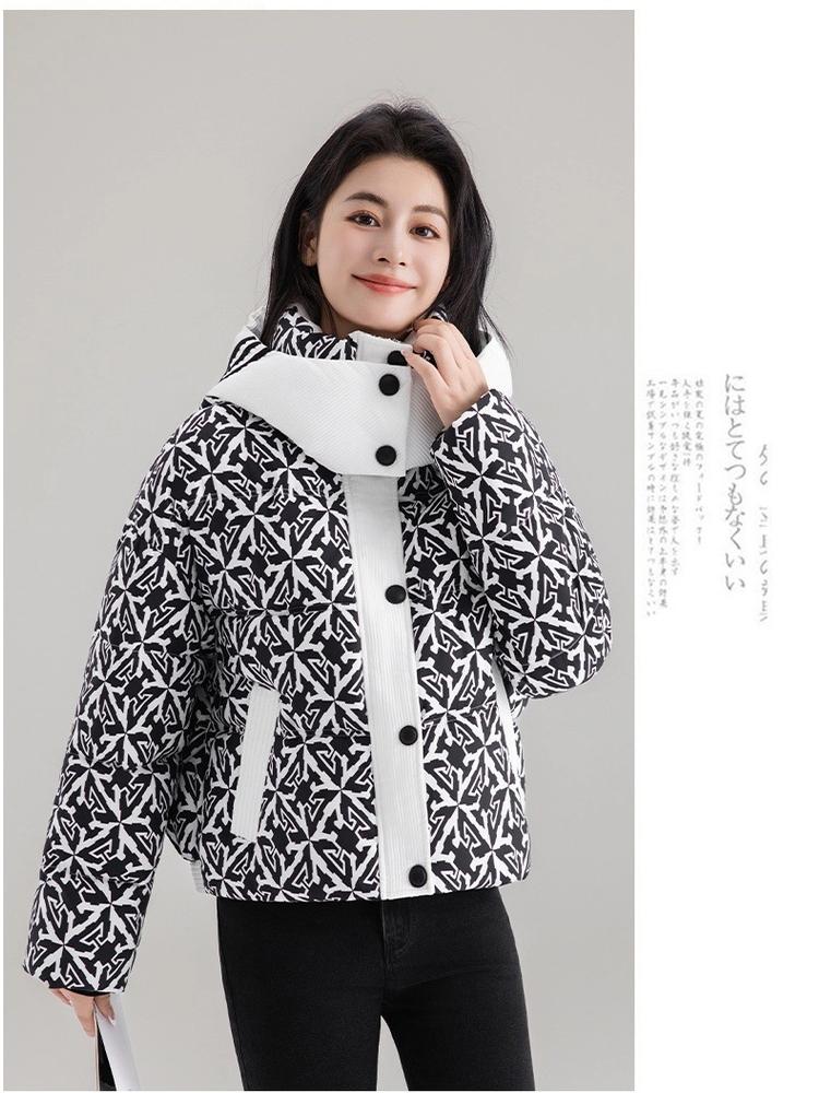 3D Printed Hooded Cotton-padded Jacket Women's Short Style