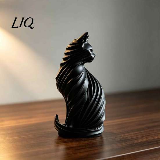 Artistic PLA Cat Statue for Desk 3D Printed Sculpture, Modern Style Matte Statue, Black Contemporary Home Accents Entrance And White Ornament