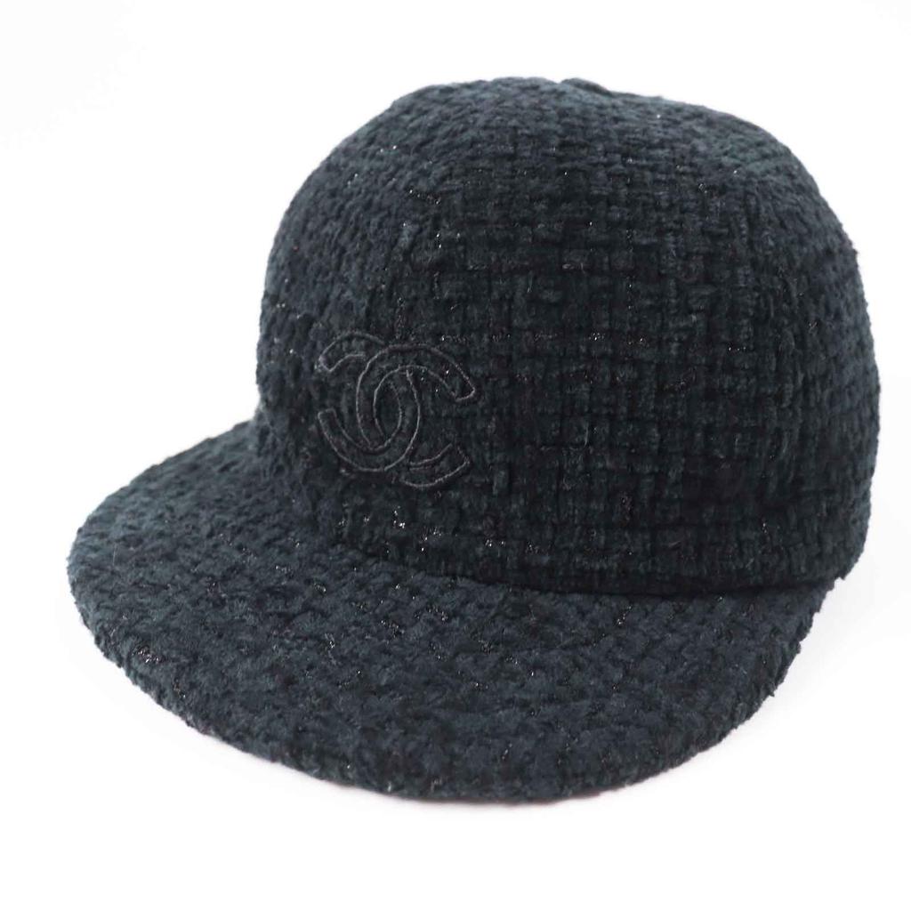 Excellent CHANEL cap COCO Mark Fantasy Tweed Black glitter cotton Women M 22B  Used