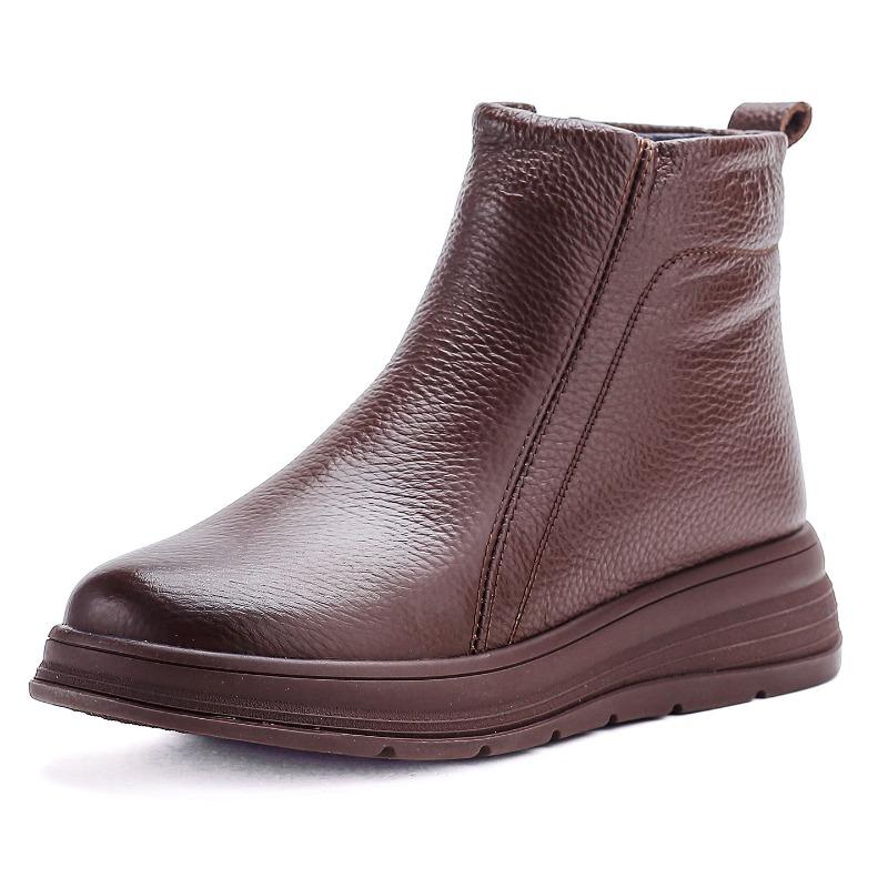 All Cowhide Wool Women's Boots Winter New Middle and Old Wedge Heel Mother Boots Retro Short Boots Platform Leather Cotton Shoes