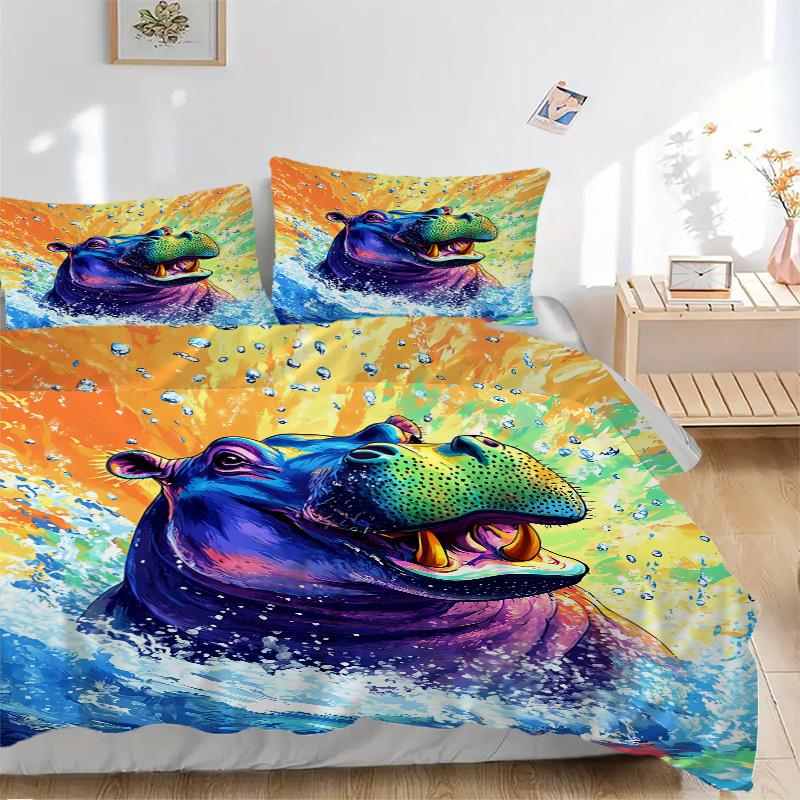 

3pcs Colorful Hippo Print Bedding Set - 1 Duvet Cover + 2 Pillowcases(Core Not Included), Machine Washable Polyester yy251216119 135x200cm