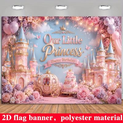 Princess Castle Birthday Backdrop Banner, Pink Purple Flowers Balloons Carriage Cake Crown Butterfly, Polyester Wall Decor
