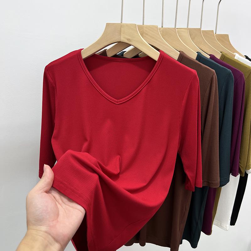 Women's Black V-Neck Three-Quarter Sleeve Loose Fit T-Shirt, 2025 Collection