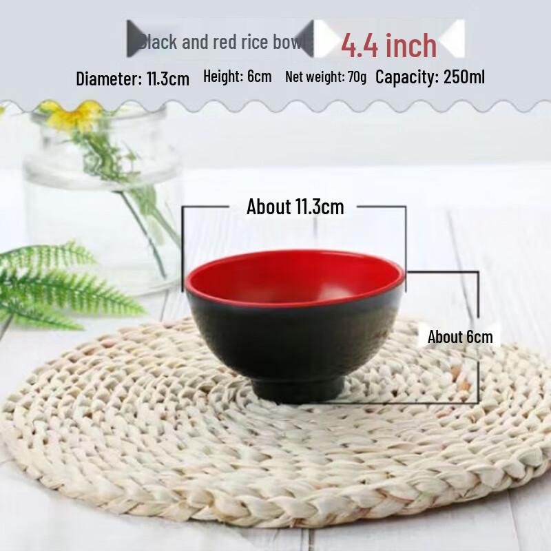 Minai Melamine Black and Red Rice Bowl, 10-Pack