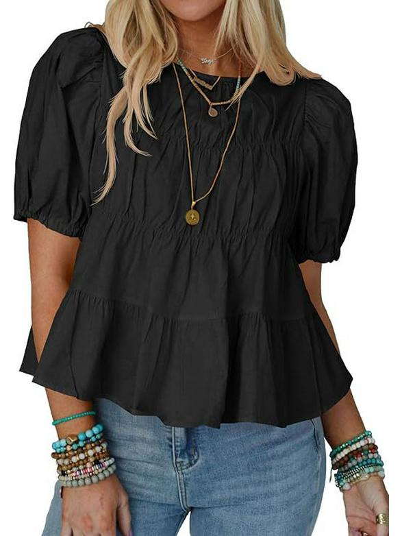 

2025 Summer Women s Pleated Short Sleeve Pullover - European & American Style M чорний