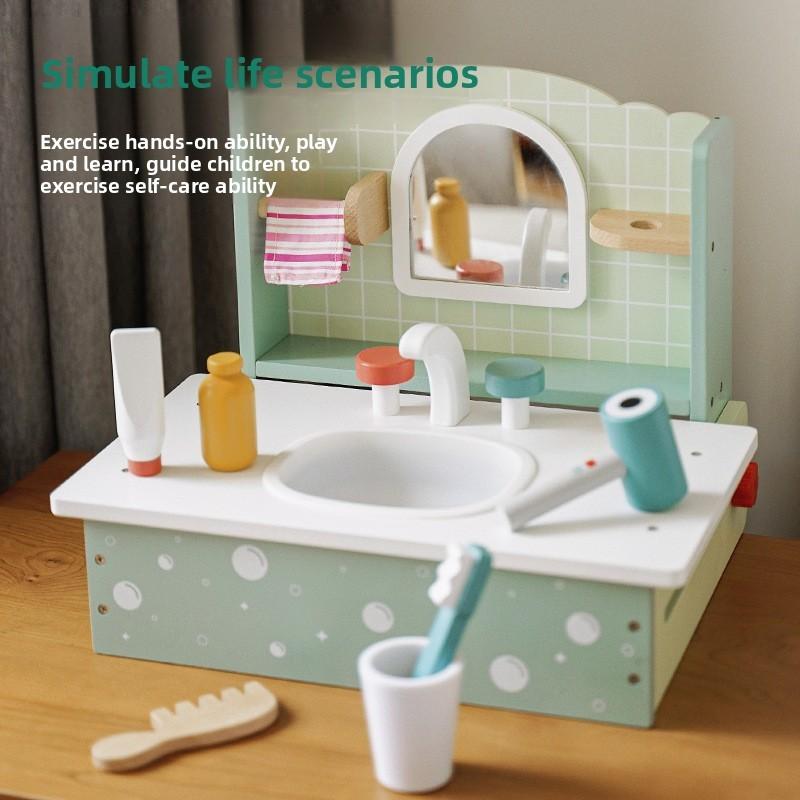 Kids Wooden Dressing Table Toy With Simulated Shampoo And Mirror For Gift