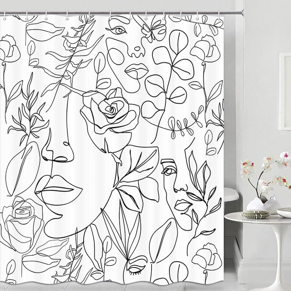 Black Line Female Face Shower Curtain Floral Butterfly Silhouette Simple Art Aesthetic Bathroom Decorative Curtain Waterproof