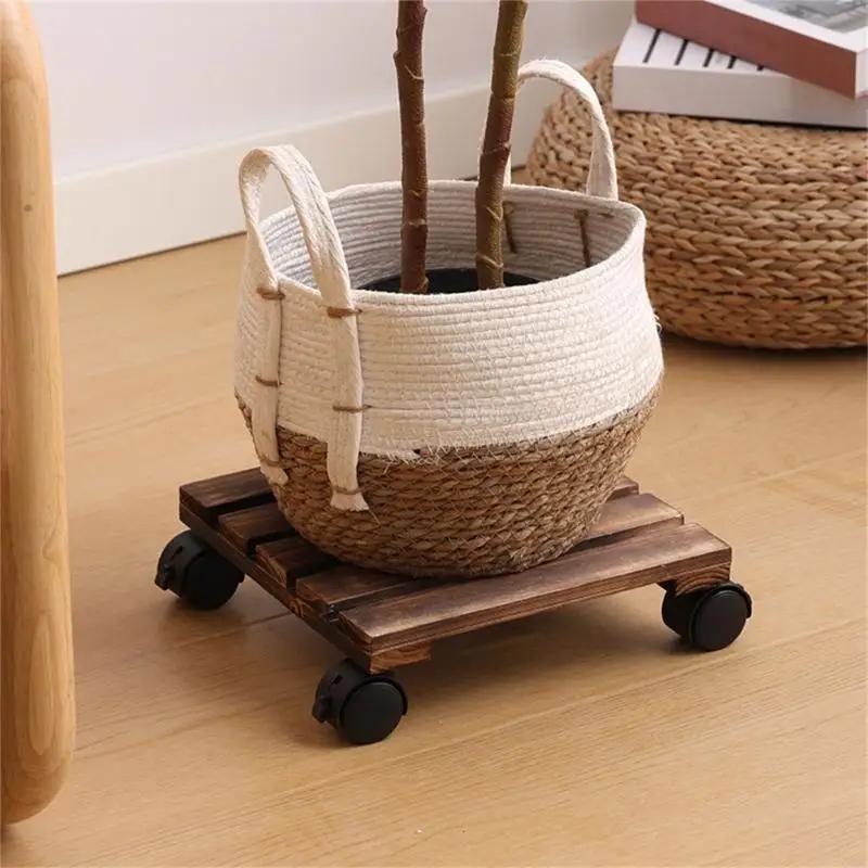 Solid Wood Mobile Plant Saucer with Wheels, Balcony Planter Stand Base with Universal Casters and PP Wheels